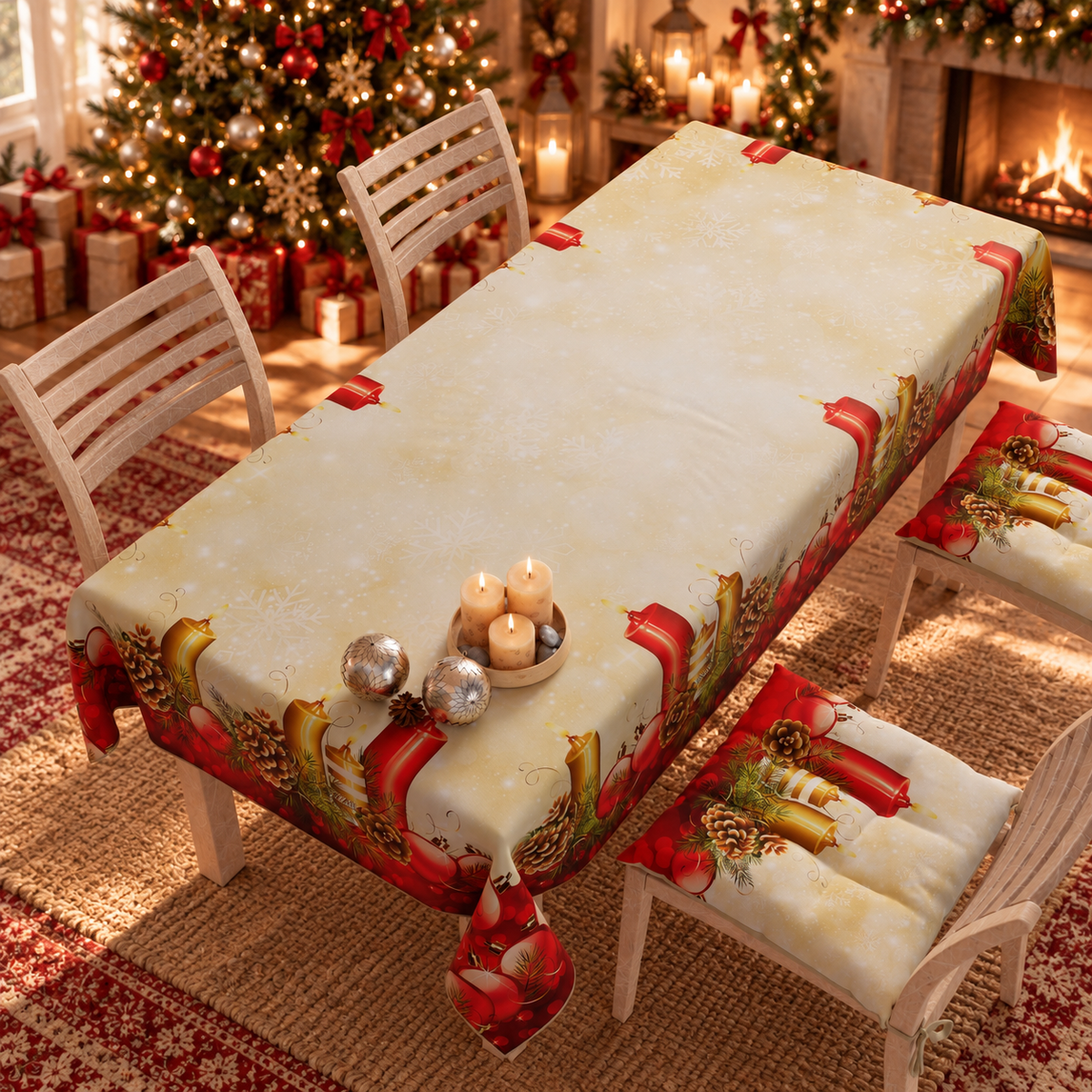 Christmas Tablecloth, Stain-Resistant Tablecloth, Candles Kitchen Tablecover