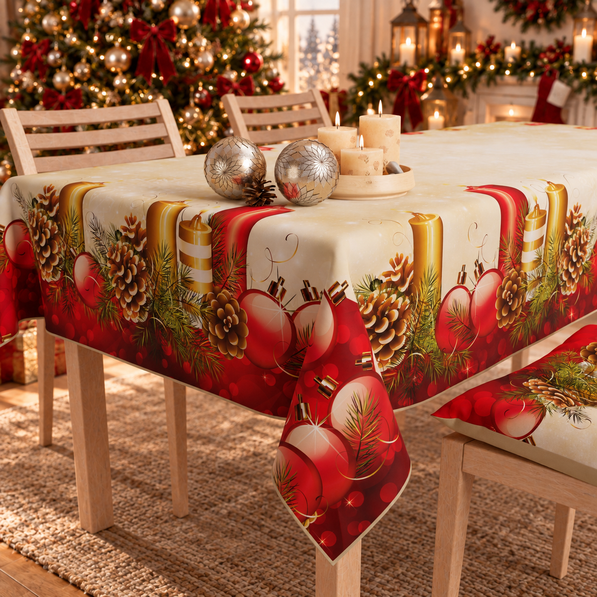 Christmas Tablecloth, Stain-Resistant Tablecloth, Candles Kitchen Tablecover
