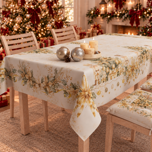 Tovaglia Natalizia, Tovaglia da tavola Antimacchia, Copritavolo da Cucina Xmas Gold