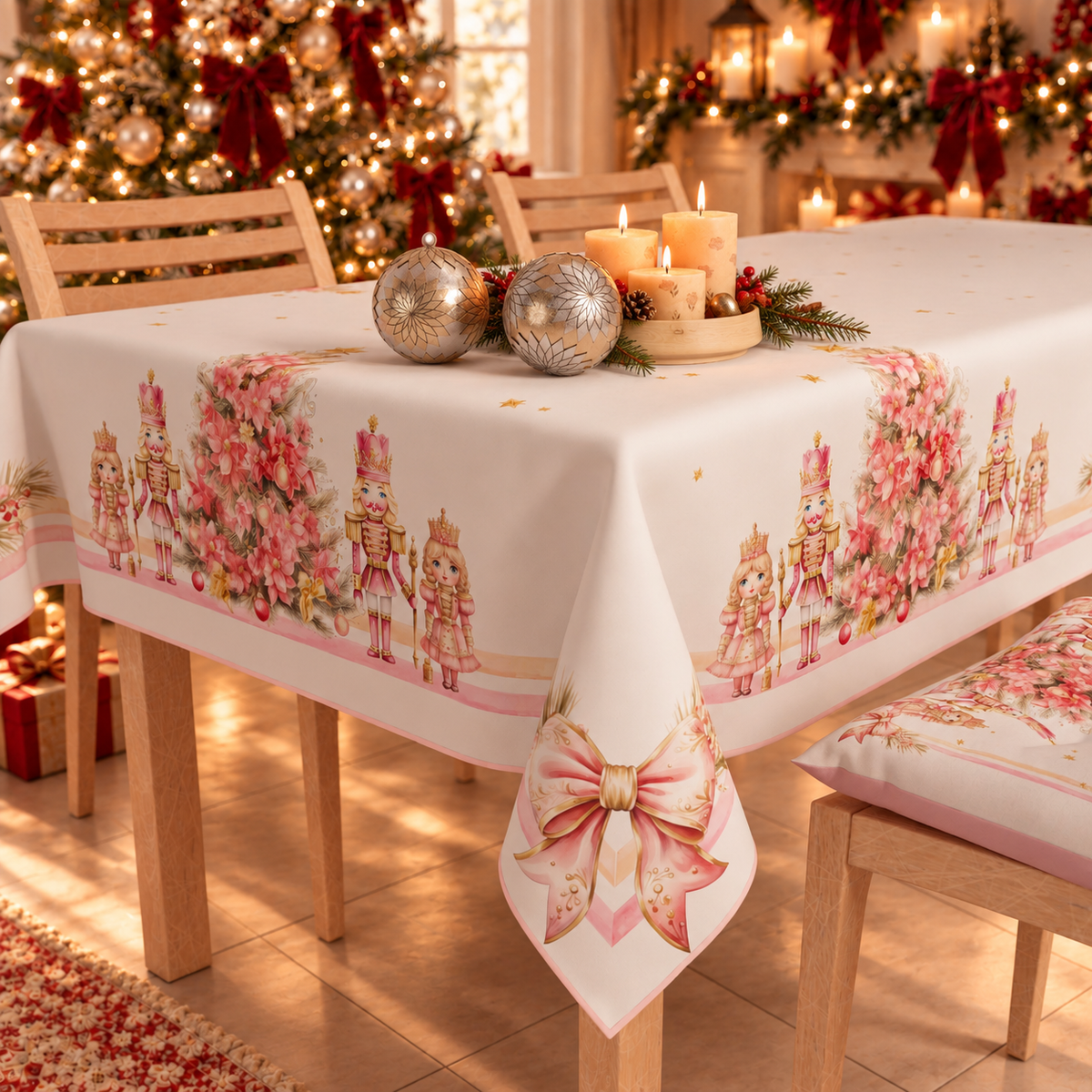 Nappe de Noël, Nappe de Table Anti-taches, Housse de Table de Cuisine Casse-Noisette Rose