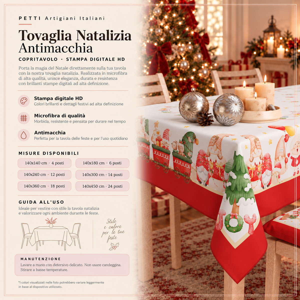 Tovaglia Natalizia, Tovaglia da tavola Antimacchia, Copritavolo da Cucina Gnomo