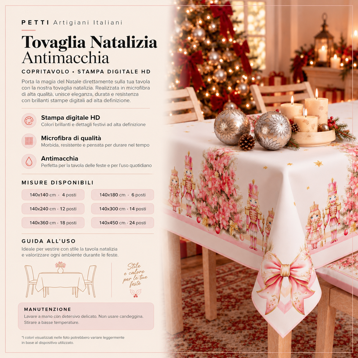 Nappe de Noël, Nappe de Table Anti-taches, Housse de Table de Cuisine Casse-Noisette Rose