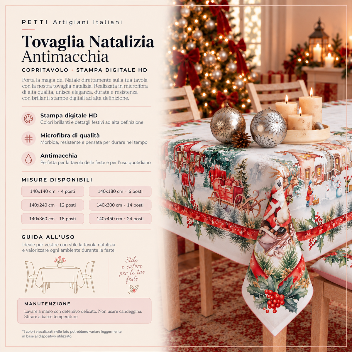 Tovaglia Natalizia, Tovaglia da tavola Antimacchia, Copritavolo da Cucina Xmas Santa's Land