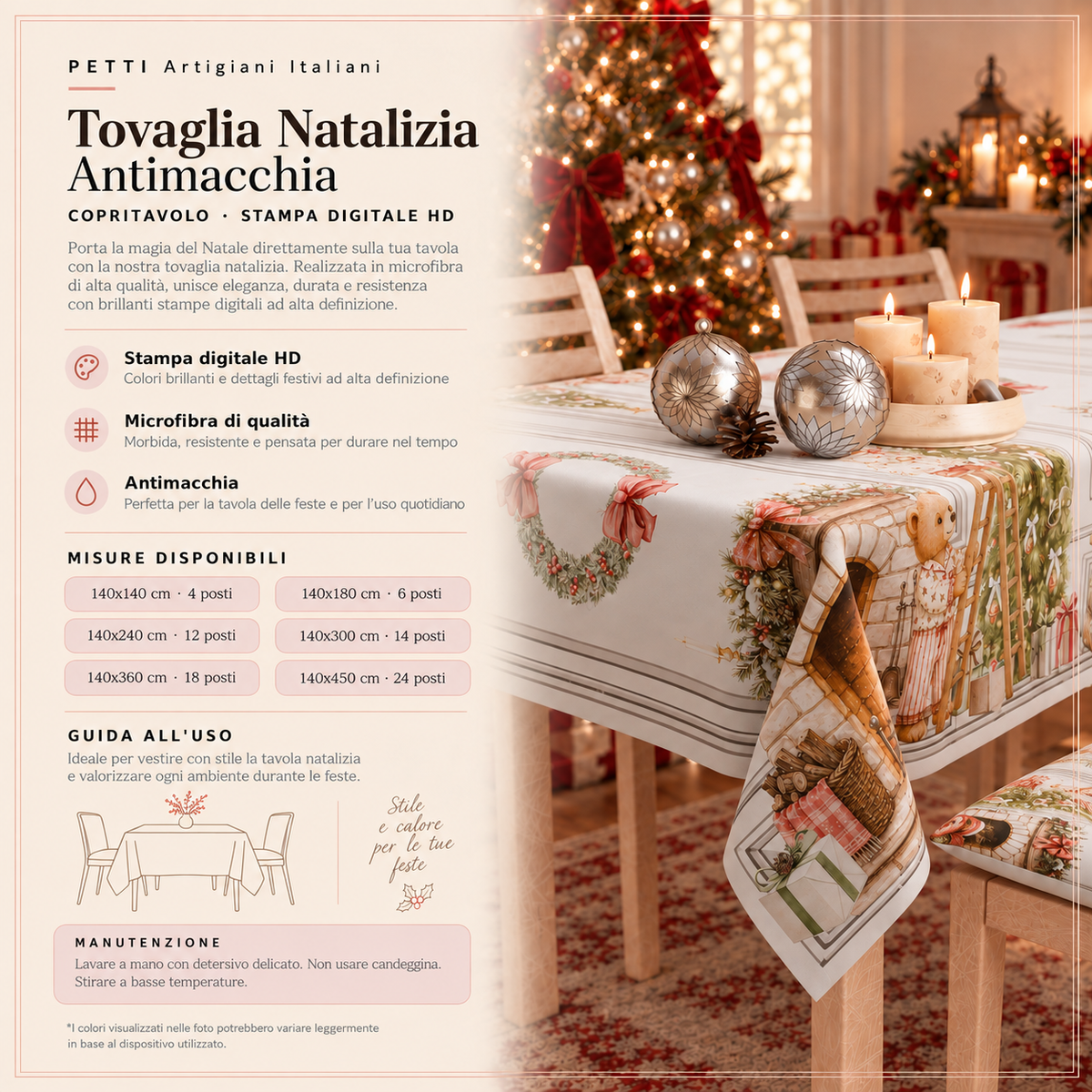 Tovaglia Natalizia, Tovaglia da tavola Antimacchia, Copritavolo da Cucina Teddy House