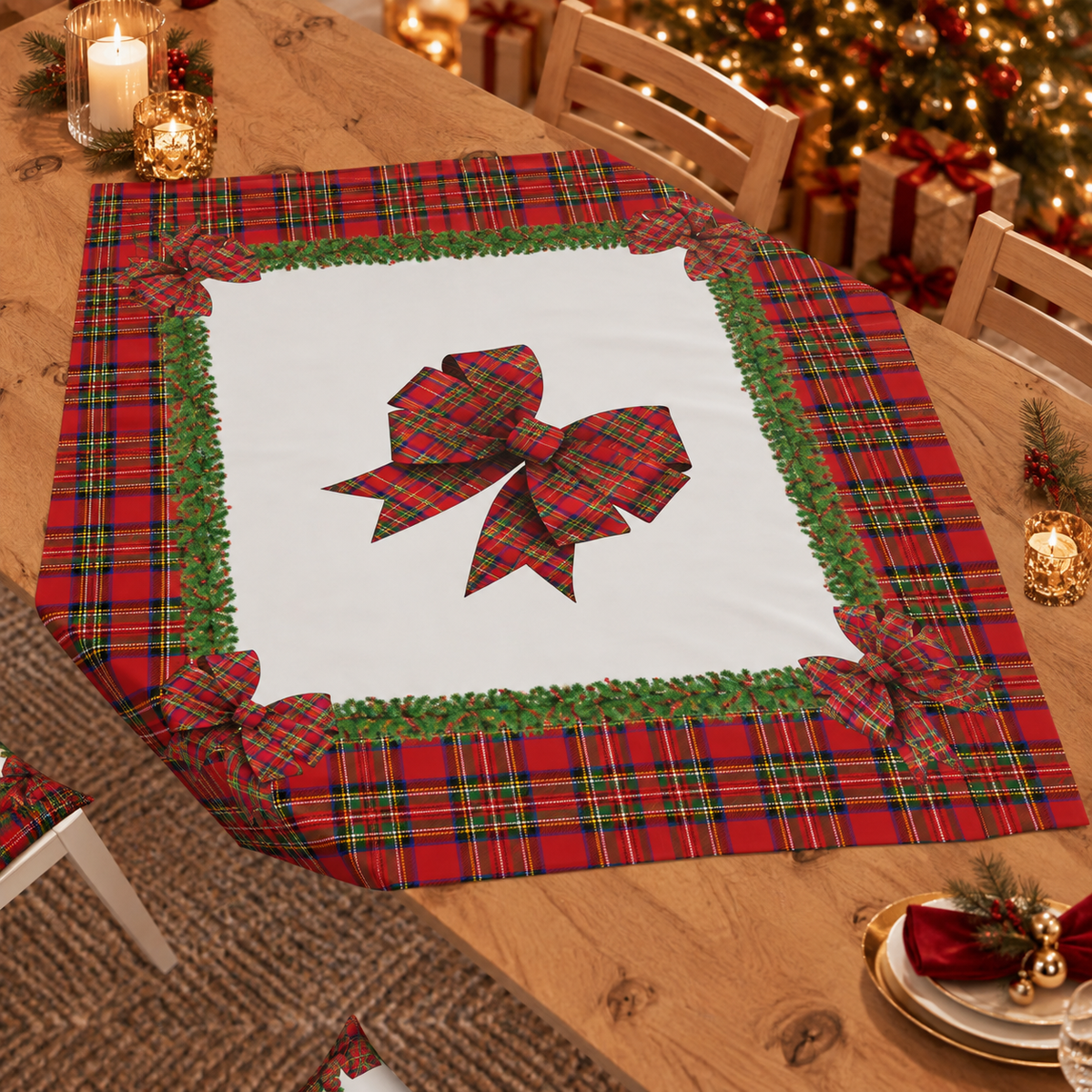 Centrotavola Natalizio per Cucina in Stampa Digitale Fiocco Tartan, Fantasia Scozzese
