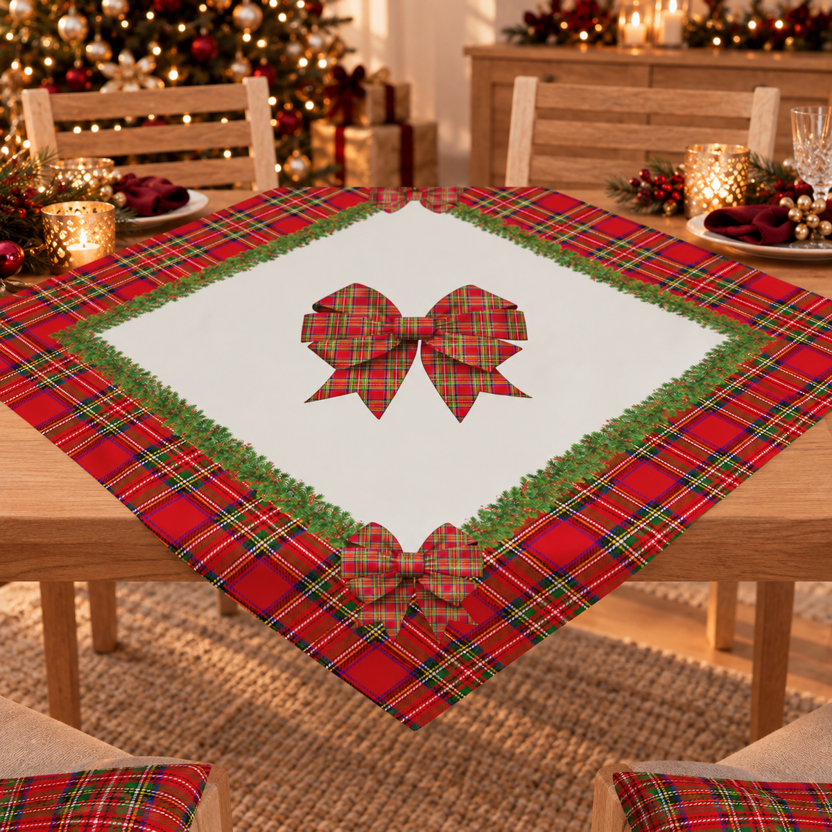 Centrotavola Natalizio per Cucina in Stampa Digitale Fiocco Tartan, Fantasia Scozzese