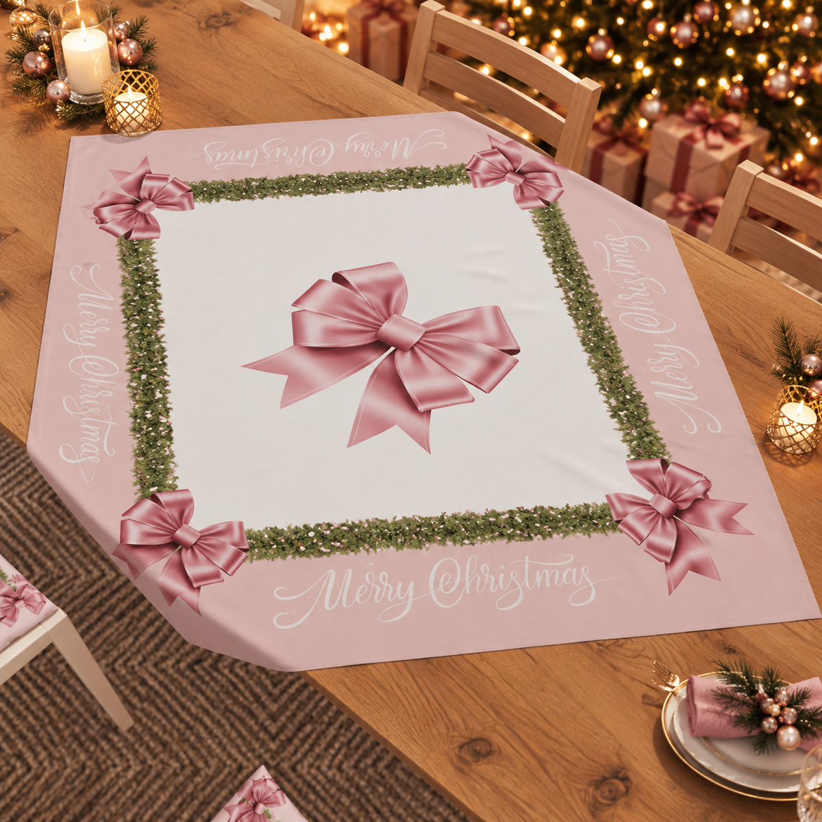 Centre de Table de Noël pour Cuisine en Impression Numérique Nœud Rose Plumes