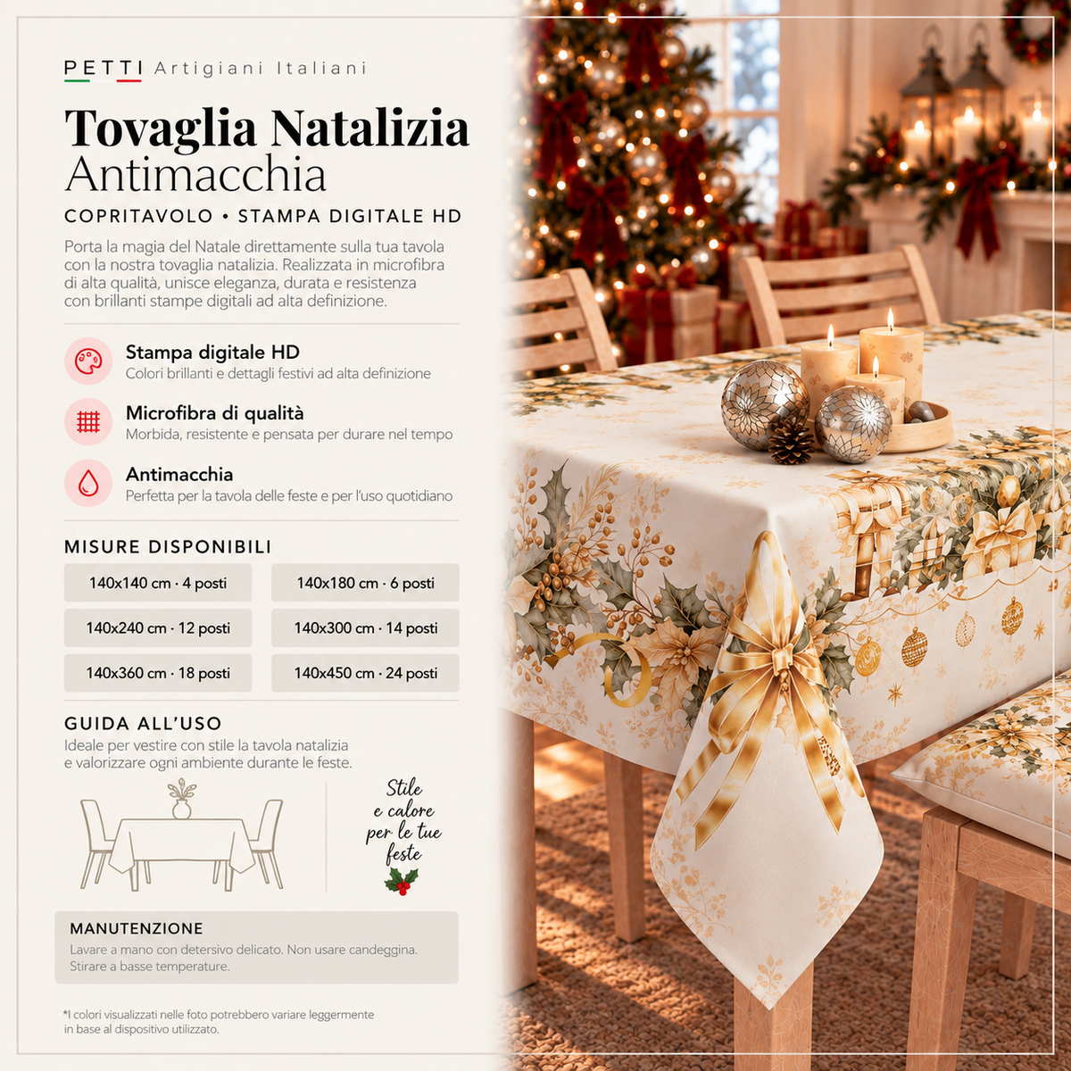 Tovaglia Natalizia, Tovaglia da tavola Antimacchia, Copritavolo da Cucina Xmas Gold