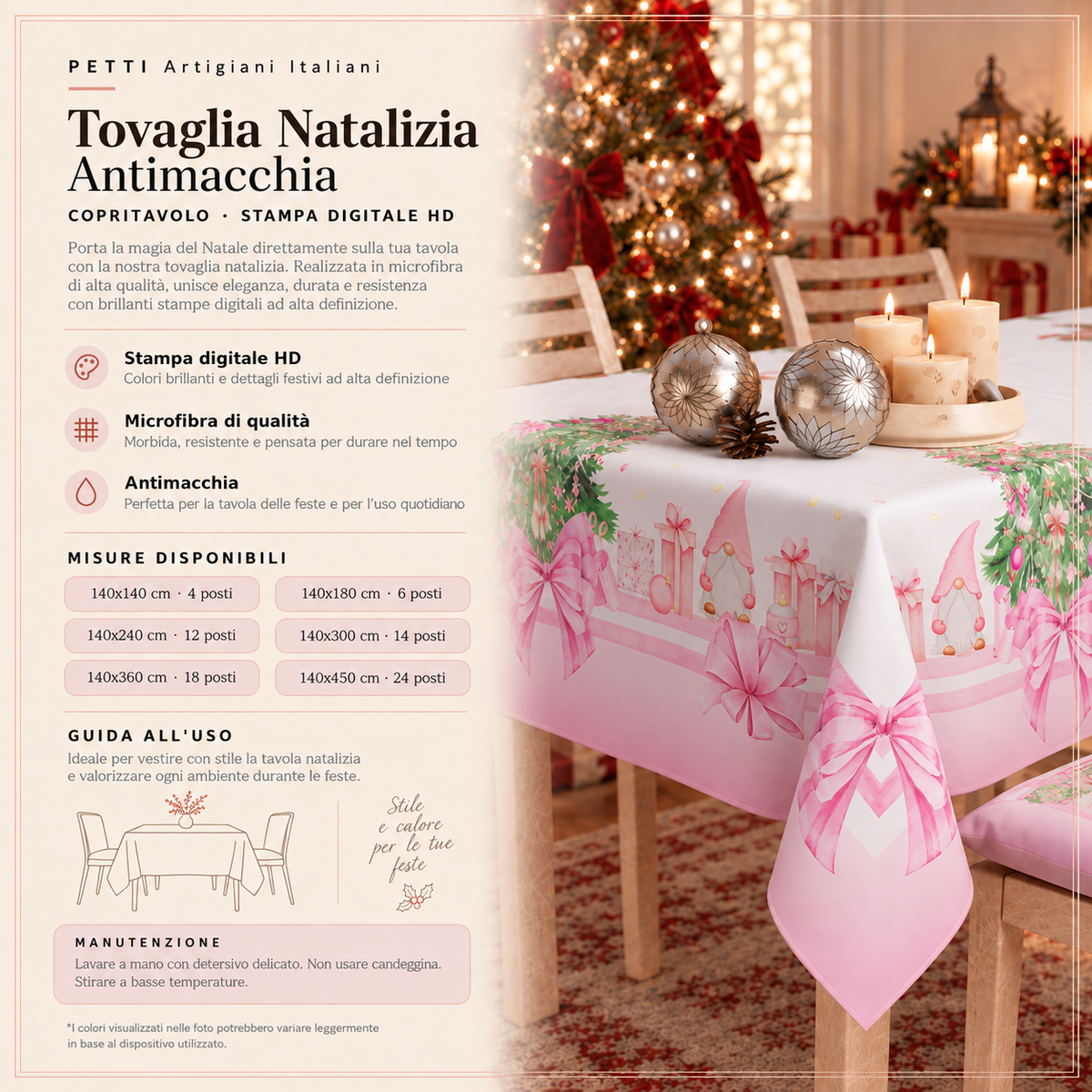 Tovaglia Natalizia, Tovaglia da tavola Antimacchia, Copritavolo da Cucina Gnomo Rosa