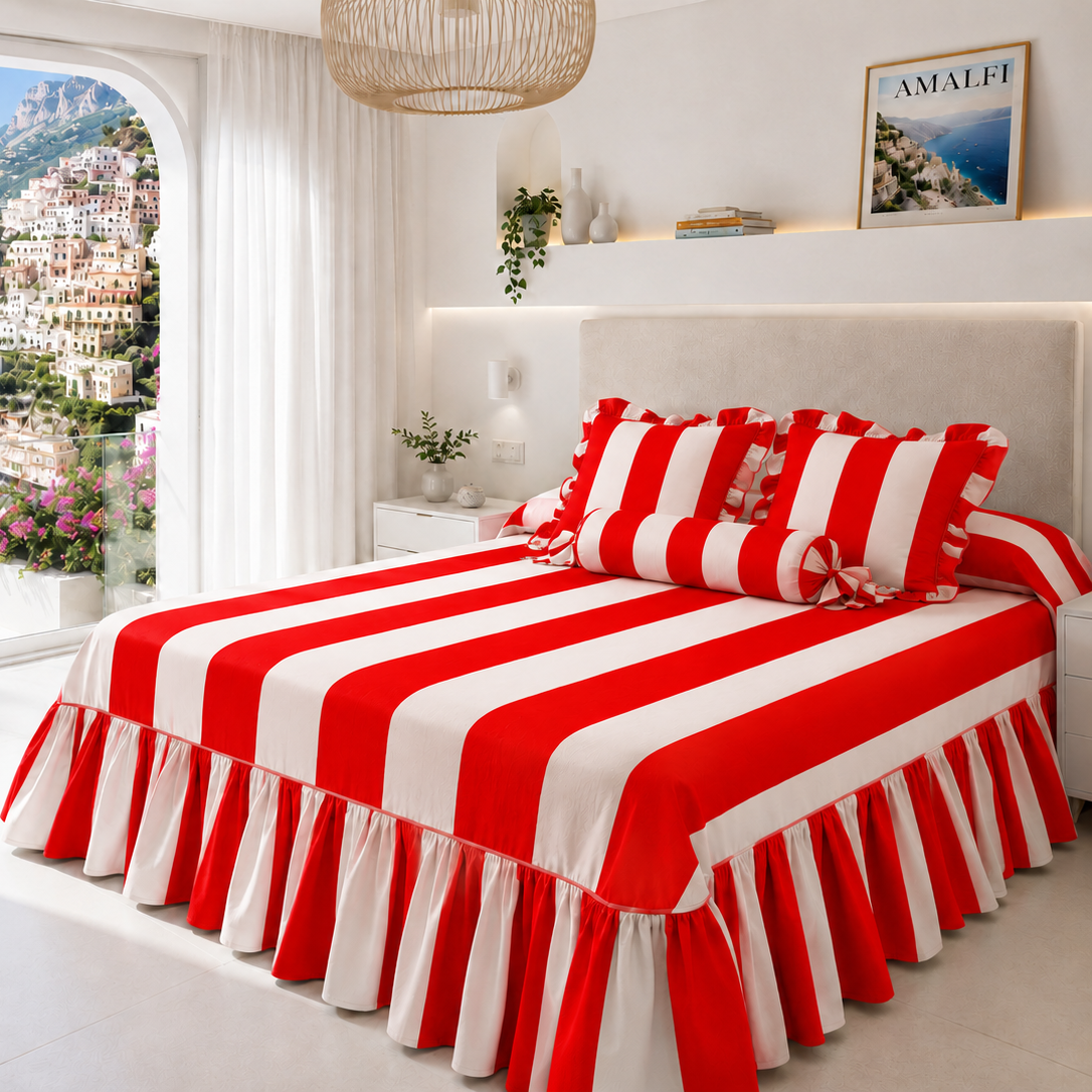 Lenzuolo Copriletto e Federe in Microfibra con Rouches Le Righe Bianco/Rosso