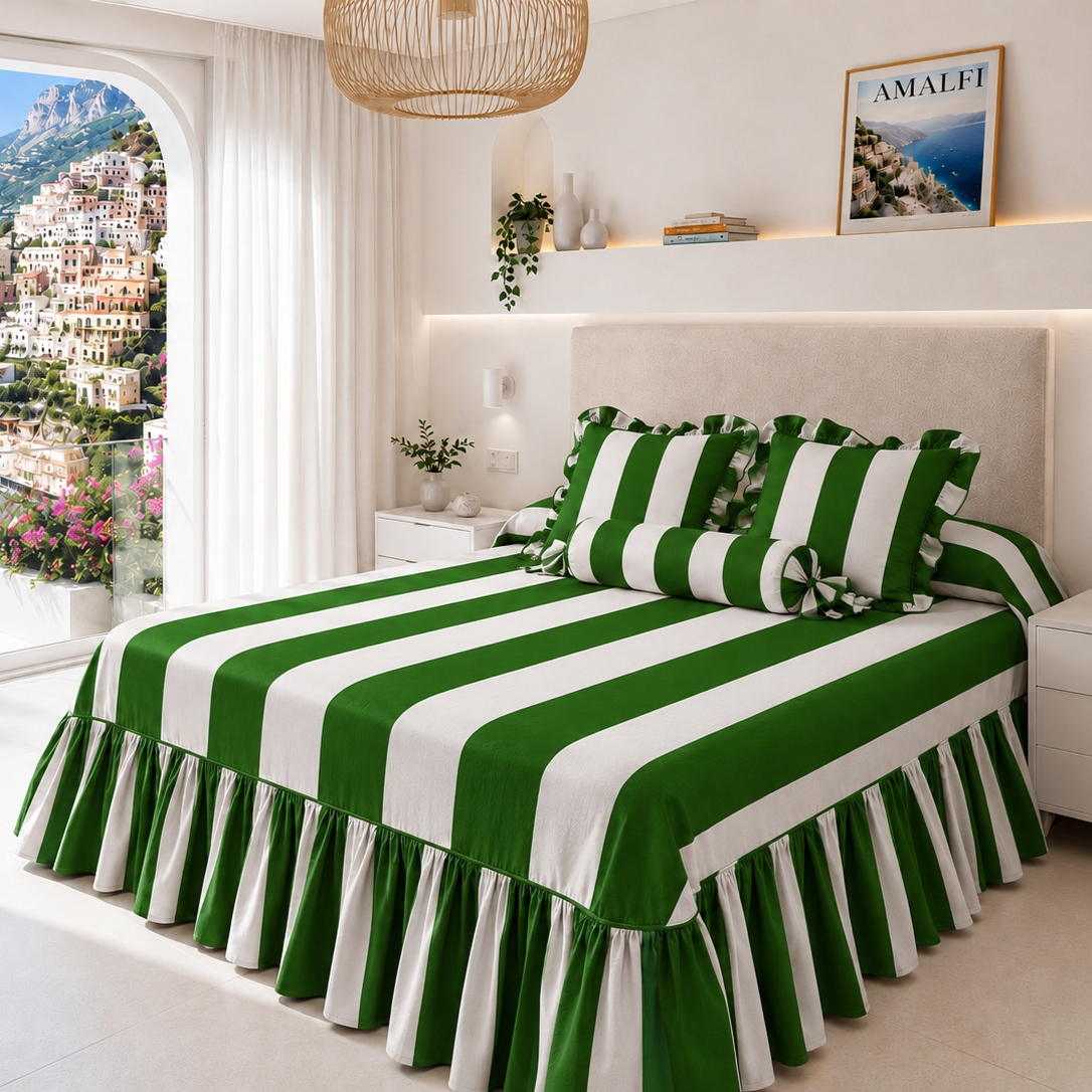 Lenzuolo Copriletto e Federe in Microfibra con Rouches Le Righe Bianco/Verde Scuro
