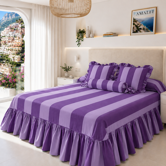 Lenzuolo Copriletto e Federe in Microfibra con Rouches Le Righe Viola/Lilla