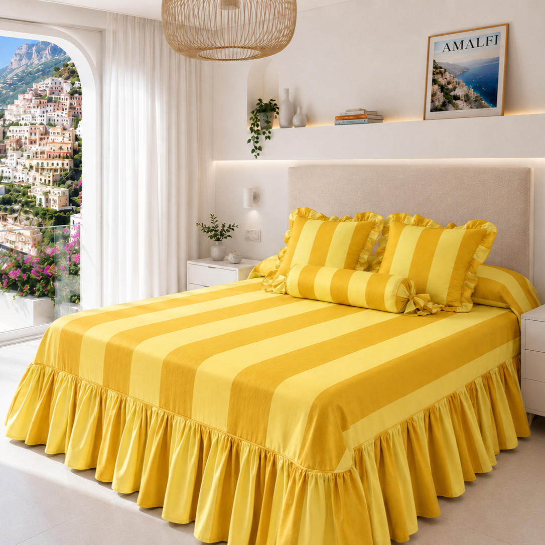 Lenzuolo Copriletto e Federe in Microfibra con Rouches Le Righe Ocra/Giallo