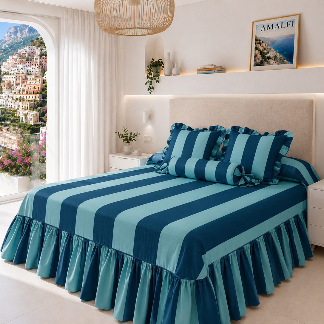 Lenzuolo Copriletto e Federe in Microfibra con Rouches Le Righe Tiffany/Ottanio