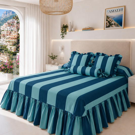 Lenzuolo Copriletto e Federe in Microfibra con Rouches Le Righe Tiffany/Ottanio