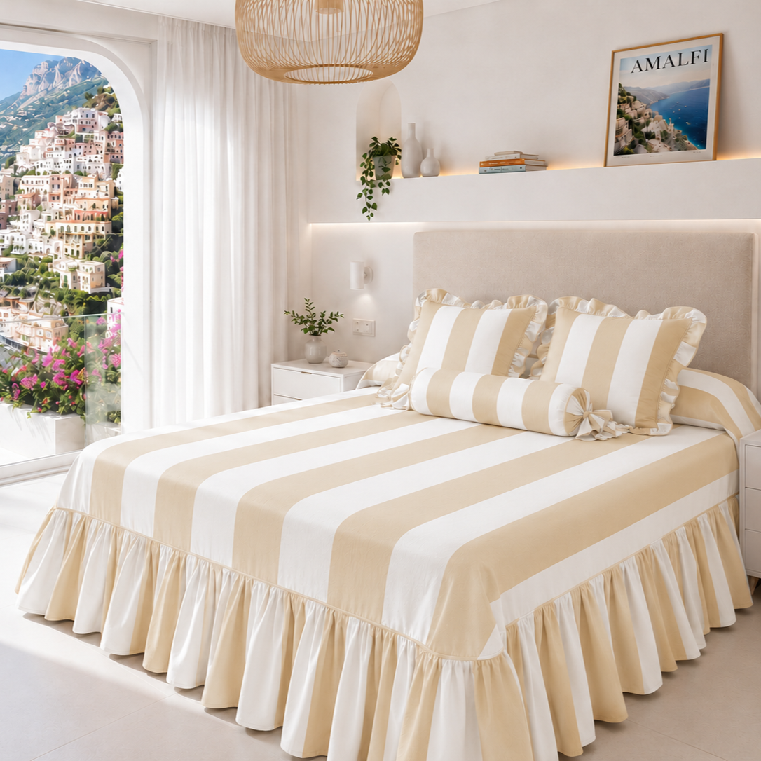 Lenzuolo Copriletto e Federe in Microfibra con Rouches Le Righe Bianco/Beige
