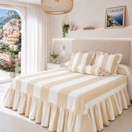 Lenzuolo Copriletto e Federe in Microfibra con Rouches Le Righe Bianco/Beige