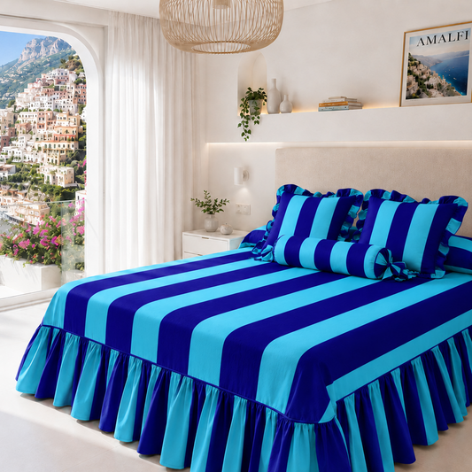 Lenzuolo Copriletto e Federe in Microfibra con Rouches Le Righe Celeste/Blu Elettrico
