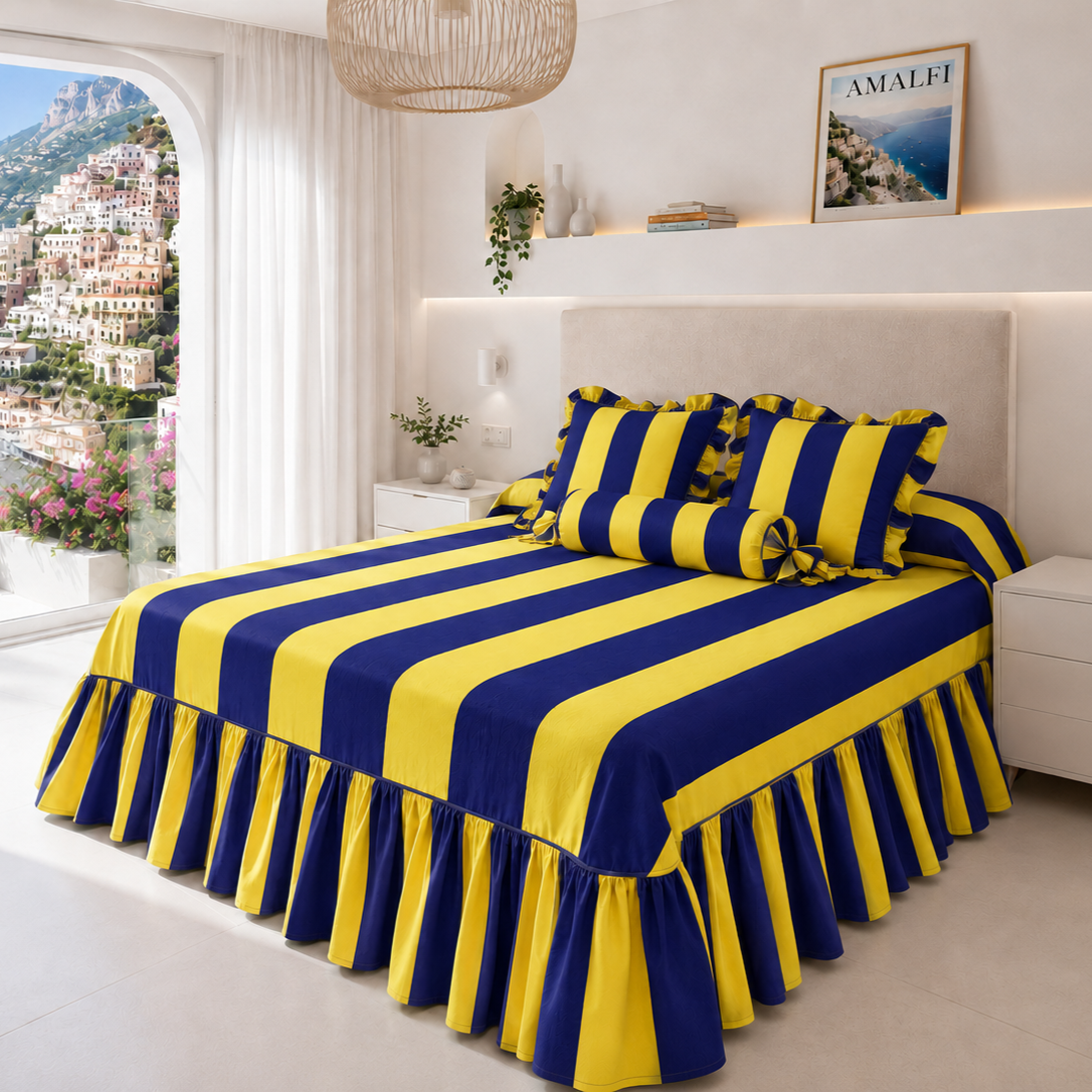 Lenzuolo Copriletto e Federe in Microfibra con Rouches Le Righe Giallo/Blu Elettrico