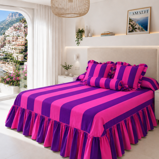 Lenzuolo Copriletto e Federe in Microfibra con Rouches Le Righe Viola/Fucsia
