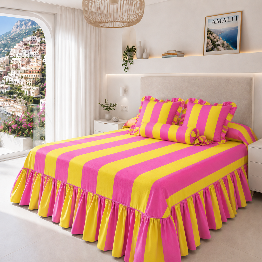 Lenzuolo Copriletto e Federe in Microfibra con Rouches Le Righe Giallo/Fucsia