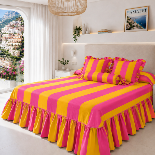 Lenzuolo Copriletto e Federe in Microfibra con Rouches Le Righe Arancione/Fucsia