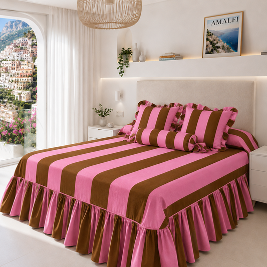 Lenzuolo Copriletto e Federe in Microfibra con Rouches Le Righe Marrone/Rosa