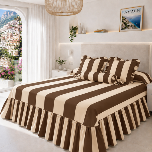 Lenzuolo Copriletto e Federe in Microfibra con Rouches Le Righe Marrone/Beige