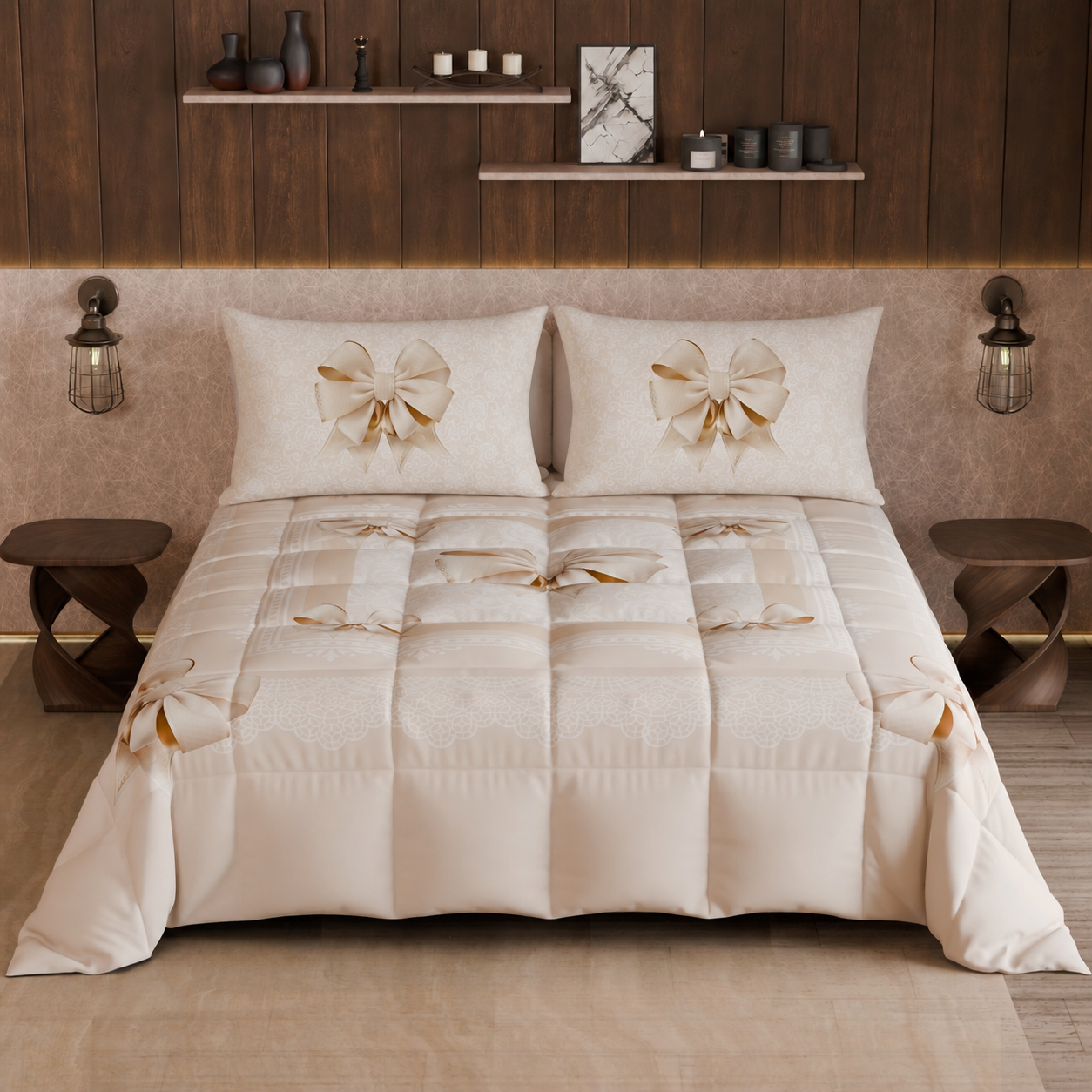 Piumone, Trapunta Matrimoniale, Singola, Piazza e Mezza, Fiocco Beige