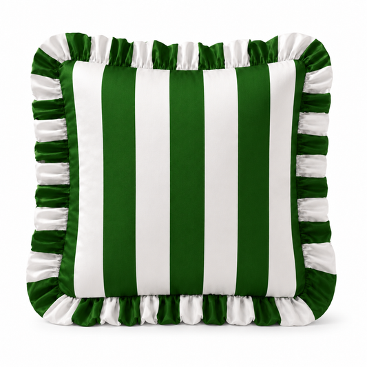 Cuscino Arredo con Rouches Righe Bianco/Verde Scuro