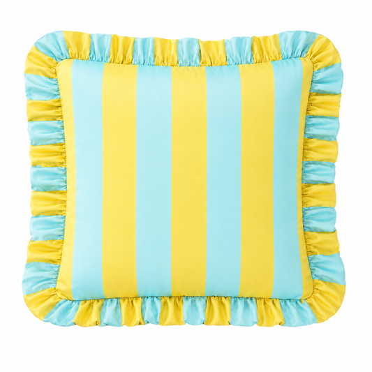 Cuscino Arredo con Rouches Righe Giallo Ocra/Celeste