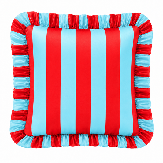 Cuscino Arredo con Rouches Righe Celeste/Rosso