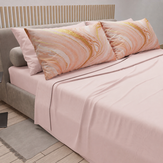 Lenzuola in Cotone, Completo Letto con Federe in Stampa Digitale Marmo Cipria Chiaro