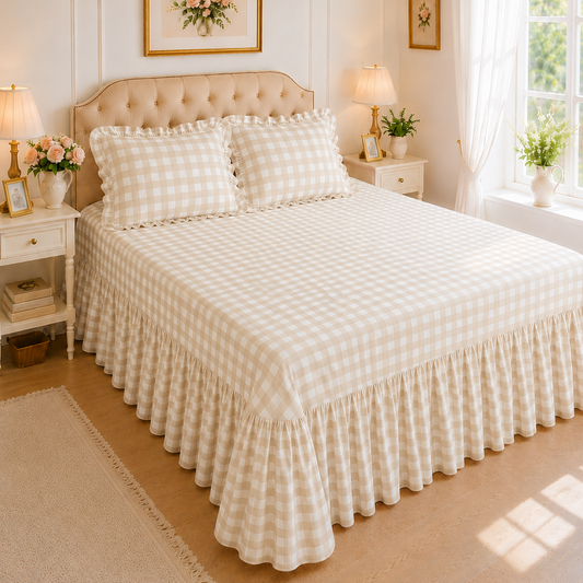 Lenzuolo Copriletto e Federe in Microfibra con Rouches A Quadretti Beige