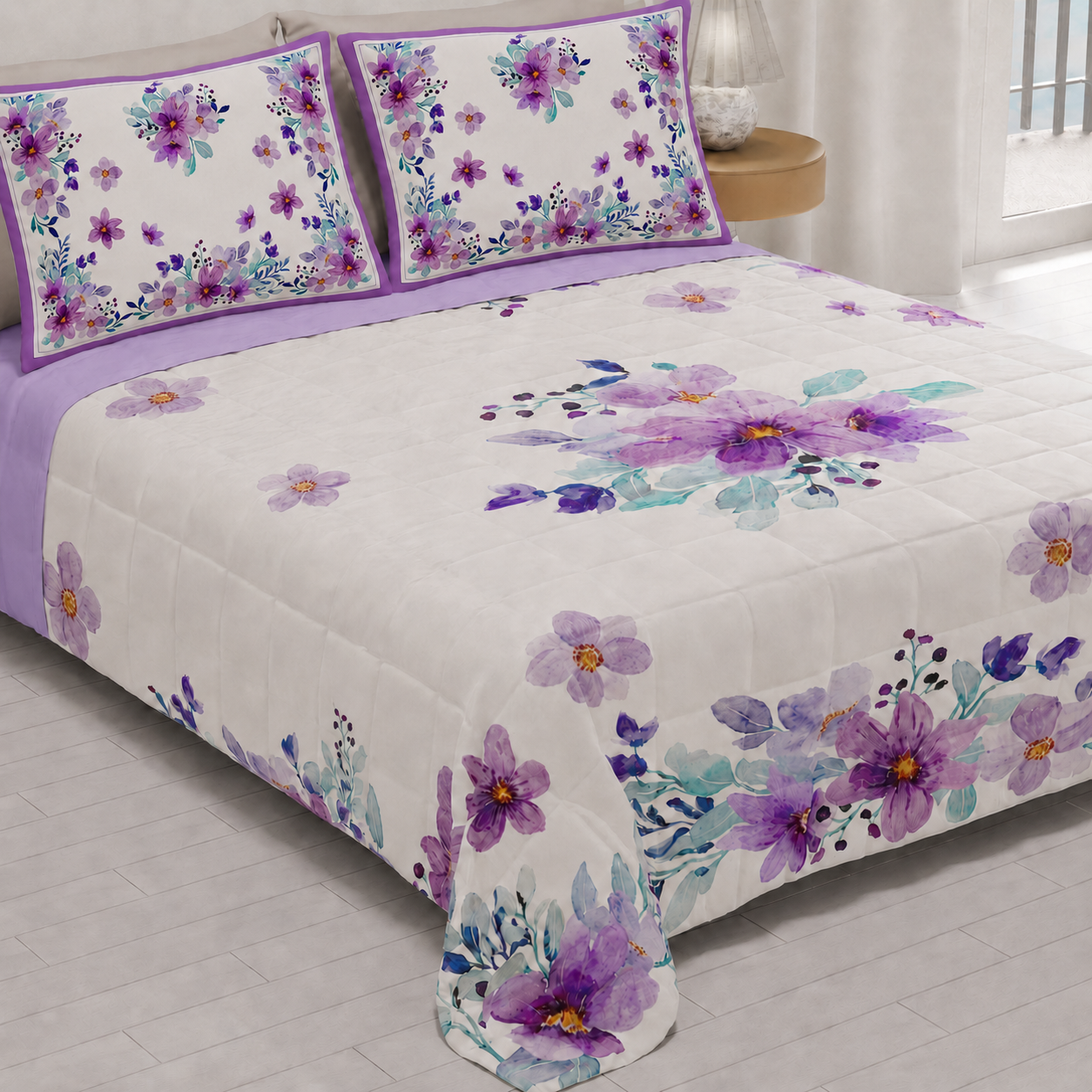 Spring Autumn Bedspread Quilt in Purple Floral Digital Print