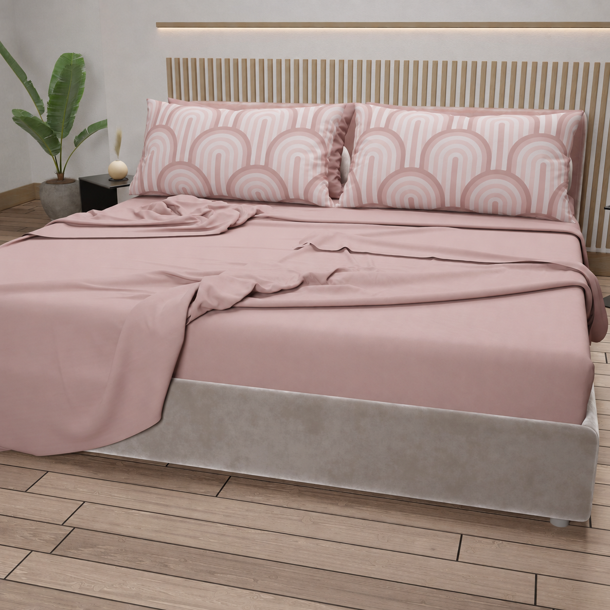 Lenzuola in Cotone, Completo Letto con Federe in Stampa Digitale Delta Cipria