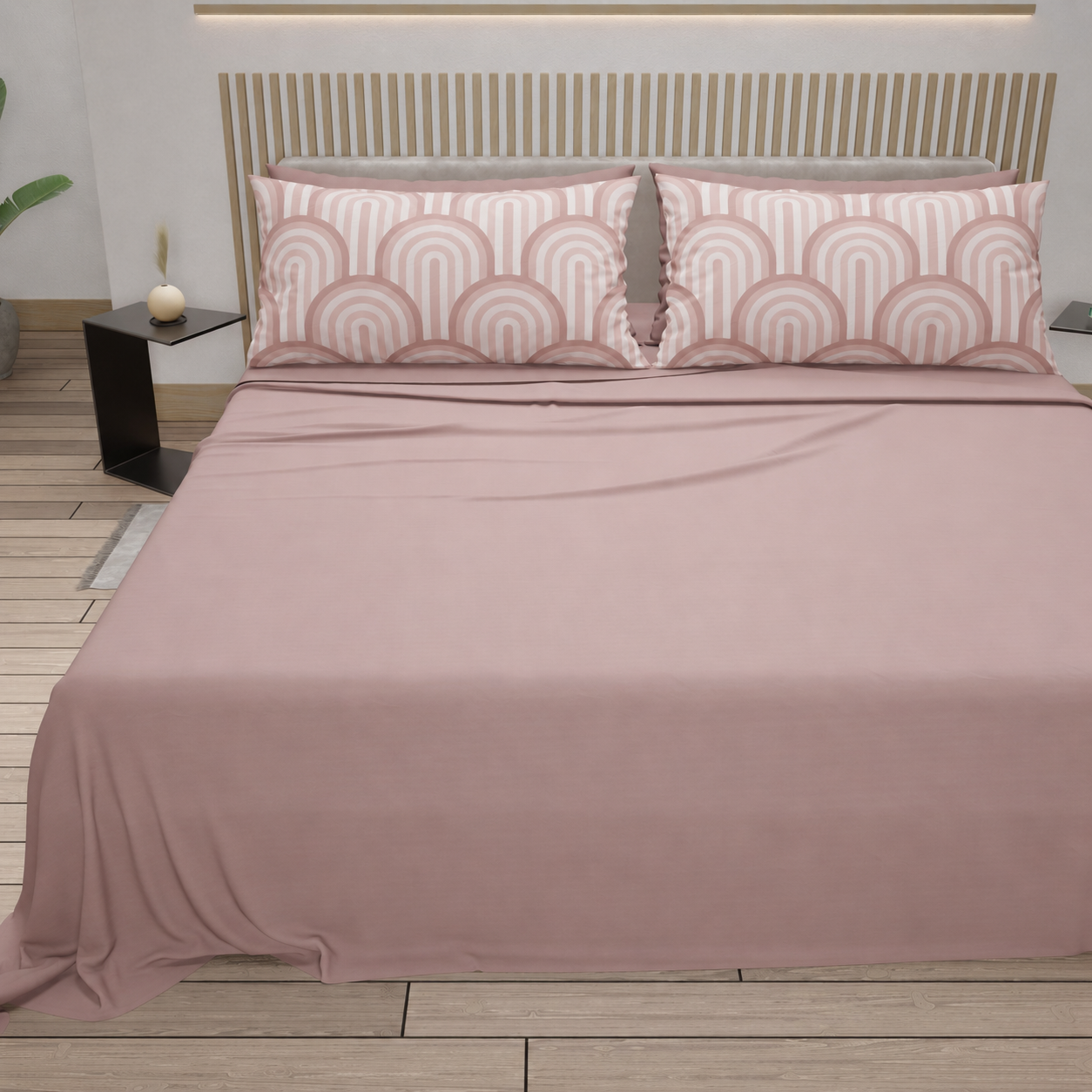 Lenzuola in Cotone, Completo Letto con Federe in Stampa Digitale Delta Cipria
