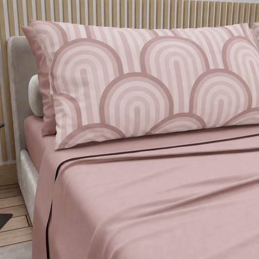 Lenzuola in Cotone, Completo Letto con Federe in Stampa Digitale Delta Cipria