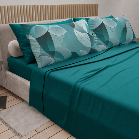 Lenzuola in Cotone, Completo Letto con Federe in Stampa Digitale Geo Cerchio Ottanio