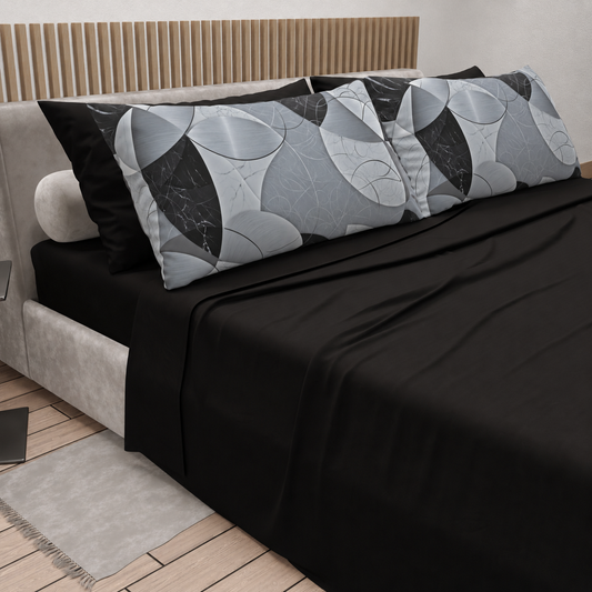 Lenzuola in Cotone, Completo Letto con Federe in Stampa Digitale Geo Cerchio Nero Argento