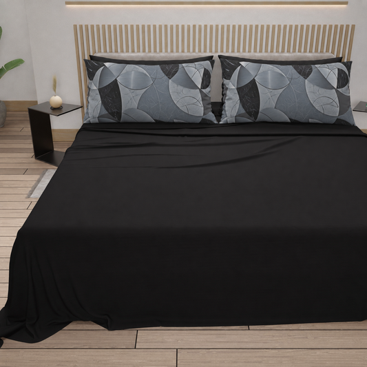 Lenzuola in Cotone, Completo Letto con Federe in Stampa Digitale Geo Cerchio Nero Argento