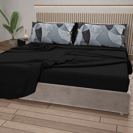 Lenzuola in Cotone, Completo Letto con Federe in Stampa Digitale Geo Cerchio Nero Argento