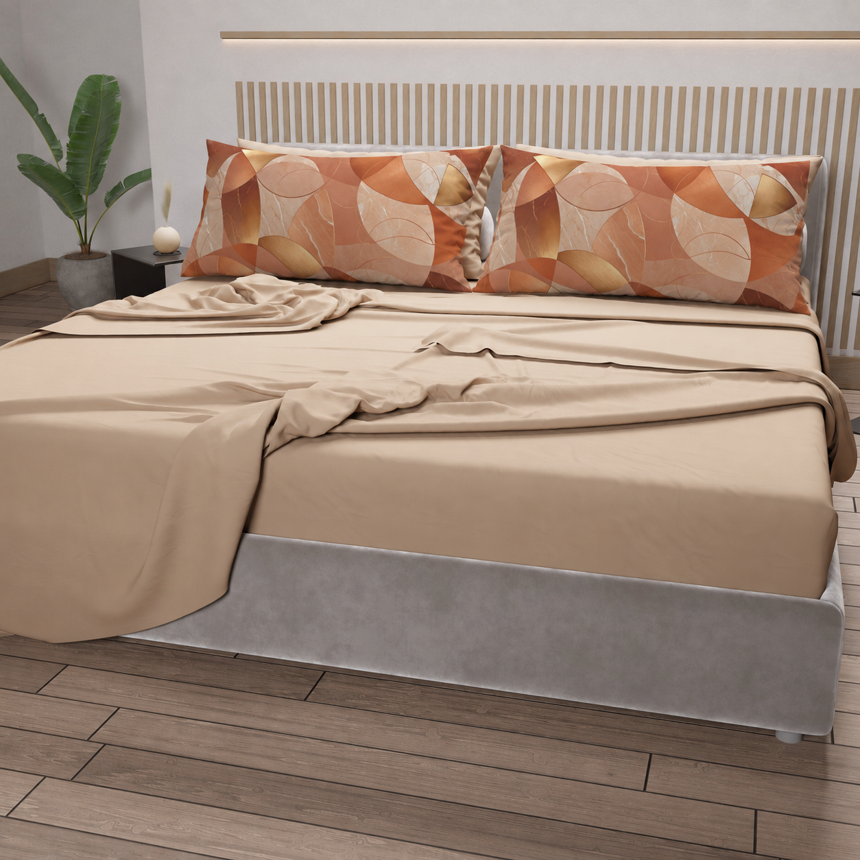 Lenzuola in Cotone, Completo Letto con Federe in Stampa Digitale Geo Cerchio Rame Beige
