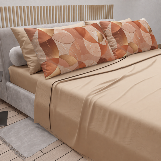 Lenzuola in Cotone, Completo Letto con Federe in Stampa Digitale Geo Cerchio Rame Beige