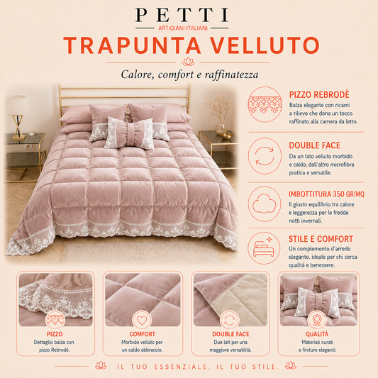 Trapunta Invernale in Morbido e Caldo Velluto e Balza con Pizzo Rebrodè Verde Oliva