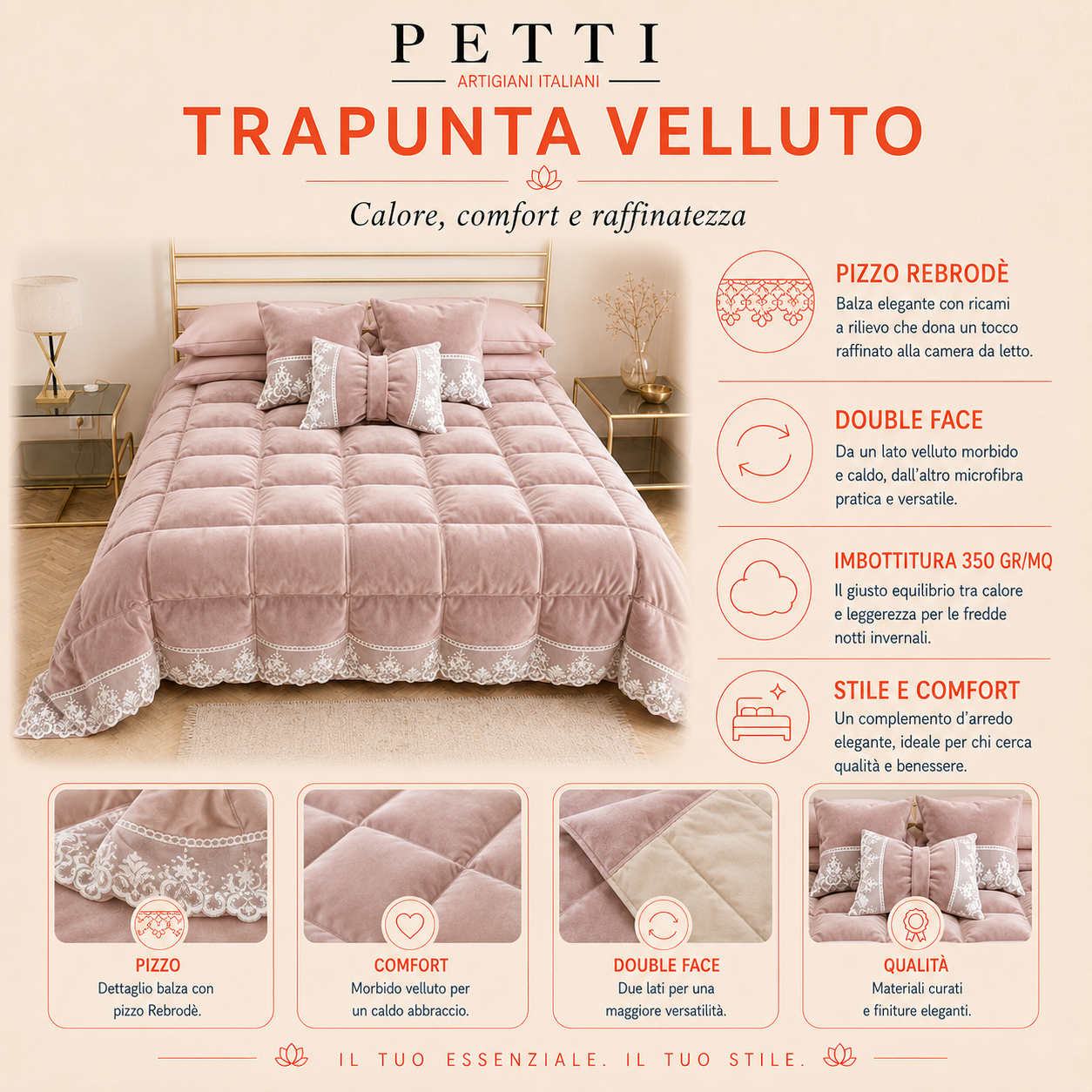 Trapunta Invernale in Morbido e Caldo Velluto e Balza con Pizzo Rebrodè Panna By Sissy
