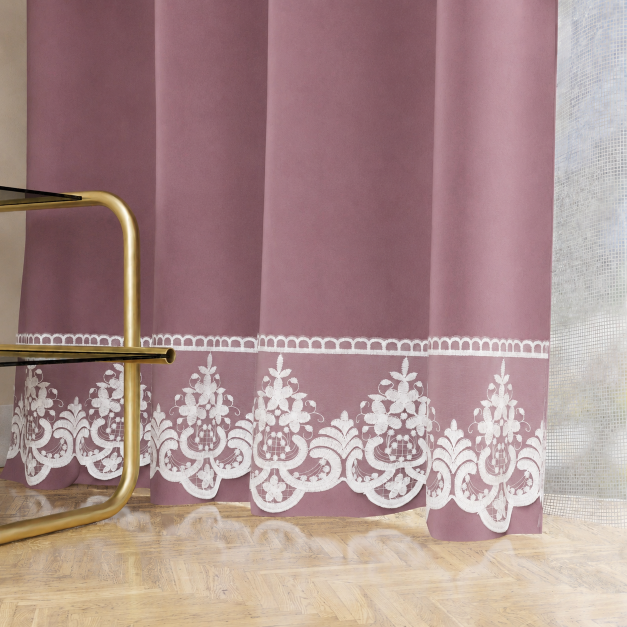 Tenda a Pannello in Velluto per Interni con Anelli e Pizzo Rebrodè, 140x280 cm, Cipolla.