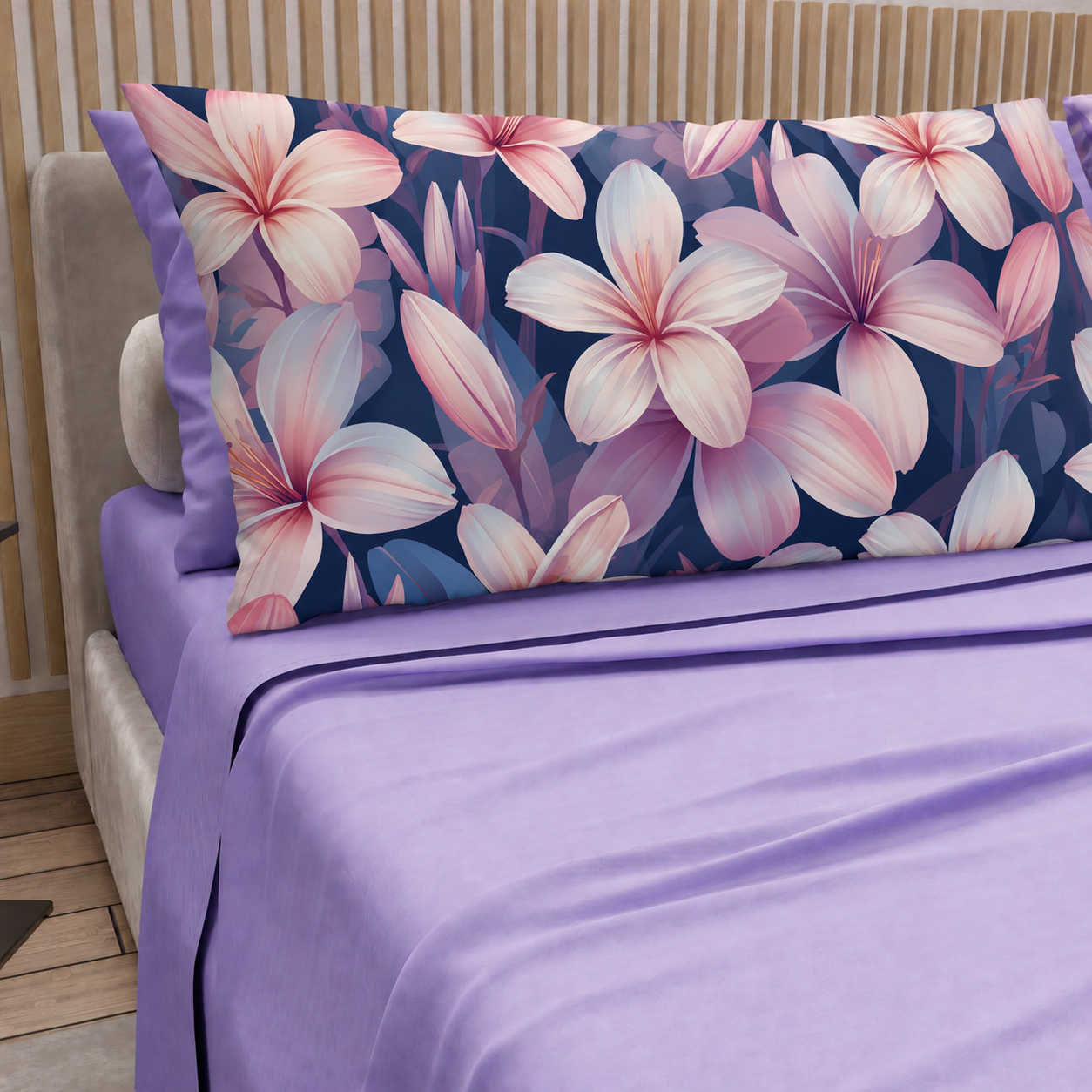 Lenzuola in Cotone, Completo Letto con Federe in Stampa Digitale Petalo 16 Lilla