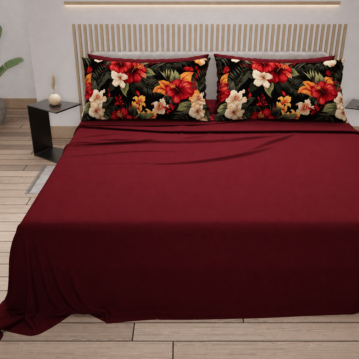 Lenzuola in Cotone, Completo Letto con Federe in Stampa Digitale Petalo 01 Bordeaux.