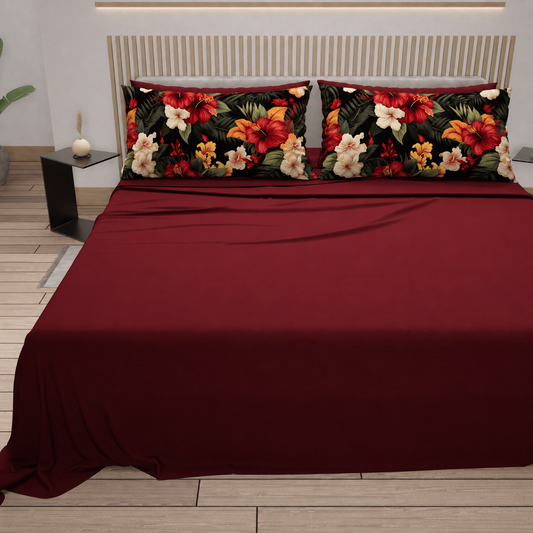 Lenzuola in Cotone, Completo Letto con Federe in Stampa Digitale Petalo 01 Bordeaux.